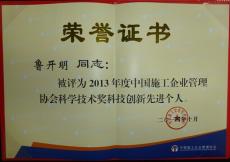 南京完美平台官网登录集团总工程师鲁开明荣获2013年度中施协科技创新先进个人